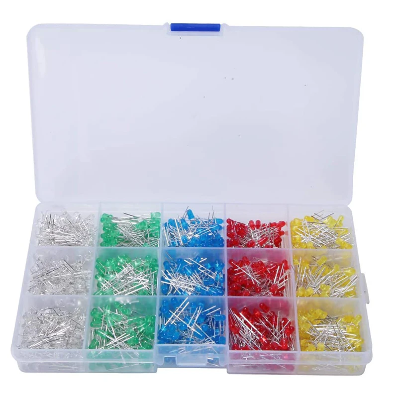 

1000Pcs 3MM LED Light Emitting Diodes Red/Yellow/Blue/Green/White LED Diode Lights Assorted Kit