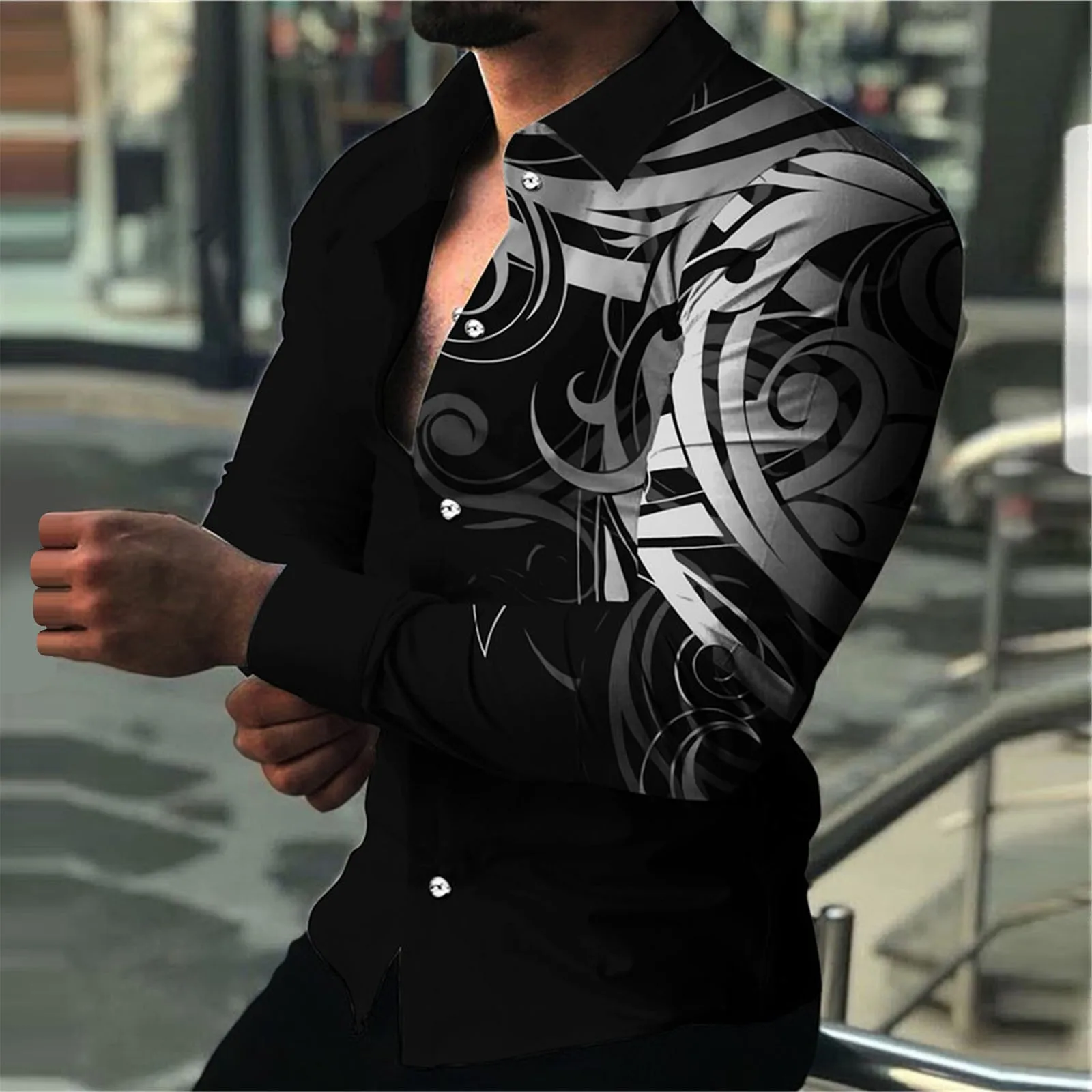 

Fashion Trend 3d Digital Printing Men's Slim Fitting Turndown Collar Long Sleeved Shirt Tops Single Breasted Casual Male Shirts