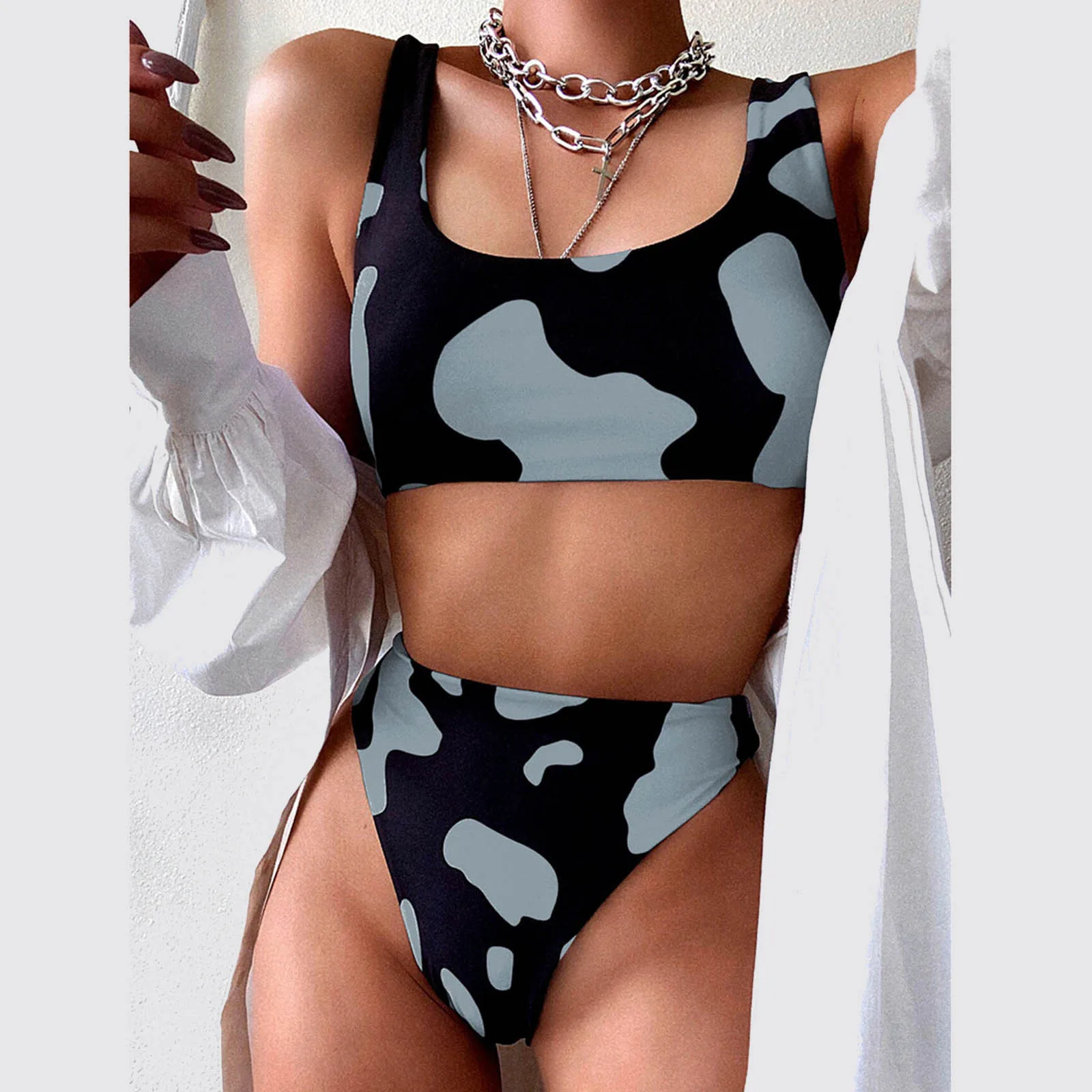 

Sexy Cow Print High Waist Tankini Set Swimsuit Women Push Up Bikini Sets Swimwear Luxury Coverup Beach Mujer купальник Beachwear