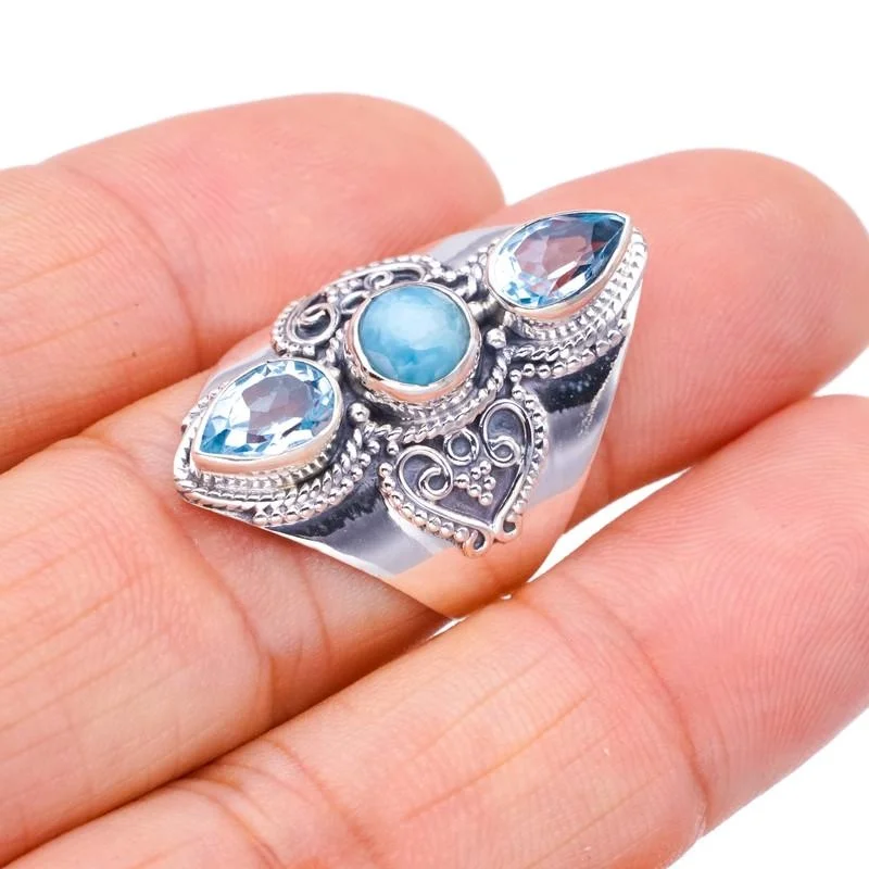 

StarGems® Natural Larimar Blue TopazHandmade 925 Sterling Silver Ring 8 F2817