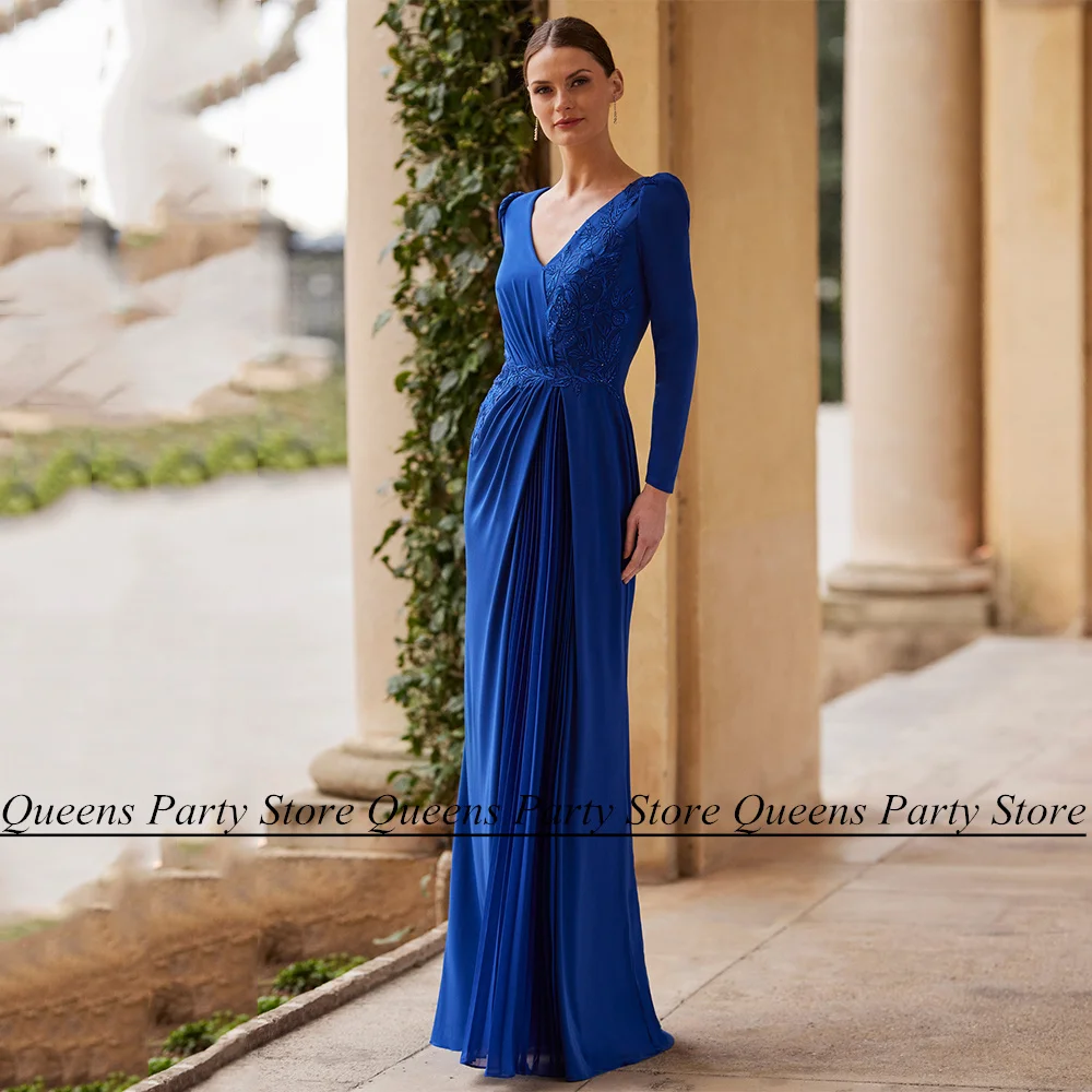 

Royal Blue Mermaid Mother of The Bride Dress Long Sleeves V Neck Beading Applique Pleat Chiffon Wedding Guest Gown Evening Dress