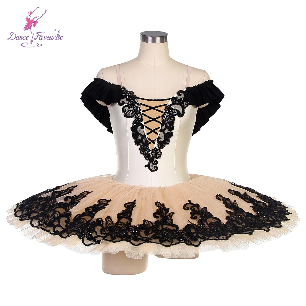 

Dance Favourite Ballet Tutus BLL503 Ivory Spandex Bodice Ivory Tulle Tutu with Black Applique Decorated Pre-professional Tutus