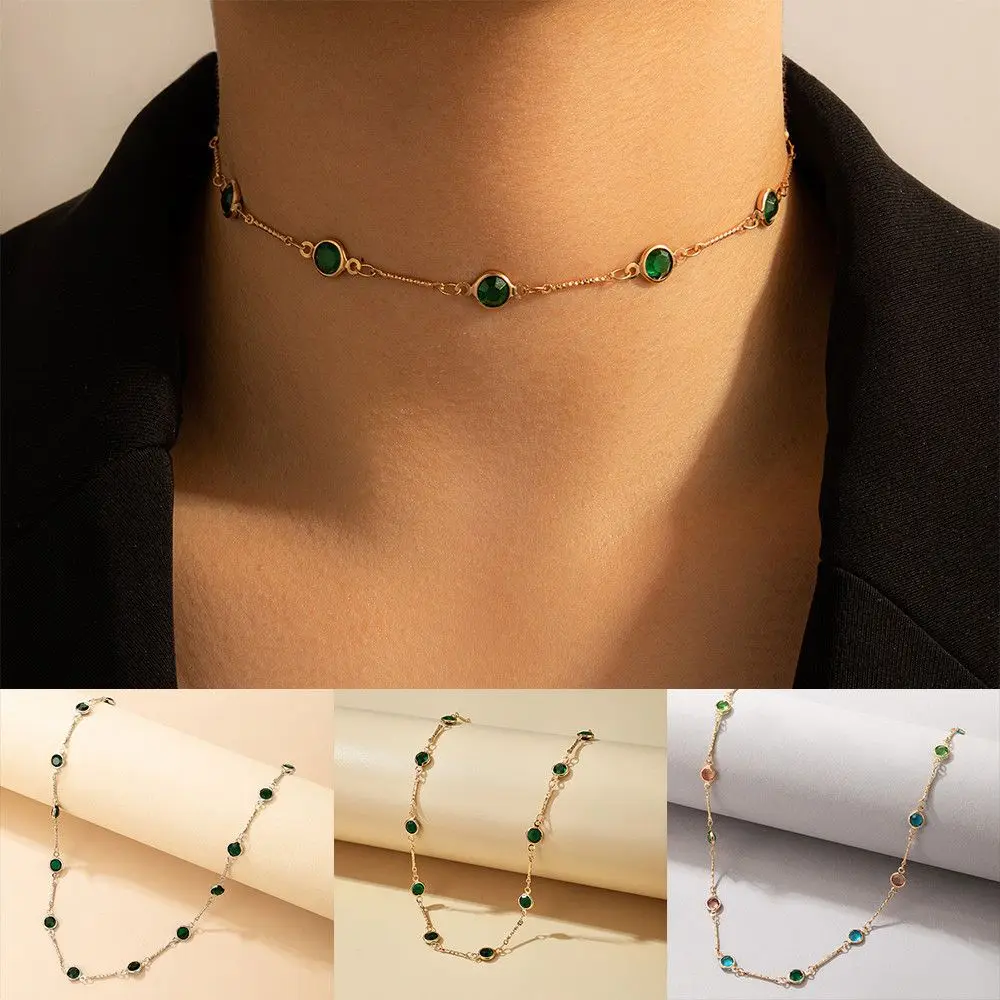 

Tredny Alloy Metal Collar Gold Silver Green Rhinestone Clavicle Chain Chain Choker Women Necklace