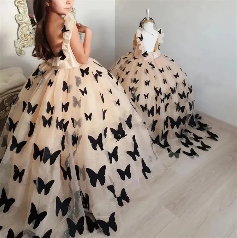 

Champagne Tulle Puffy Flower Girl Dresses with Black Butterflies Birthday Costumes Photography Girls Gown Tailor-Made