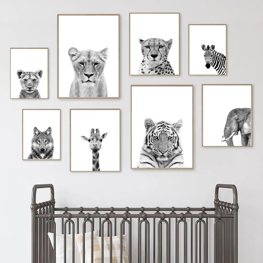 

Black White Animal Poster Tiger Lion Giraffe Cheetah Elephant Wolf Zebra Nursery Wall Art Print Canvas Painting Kids Room Decor