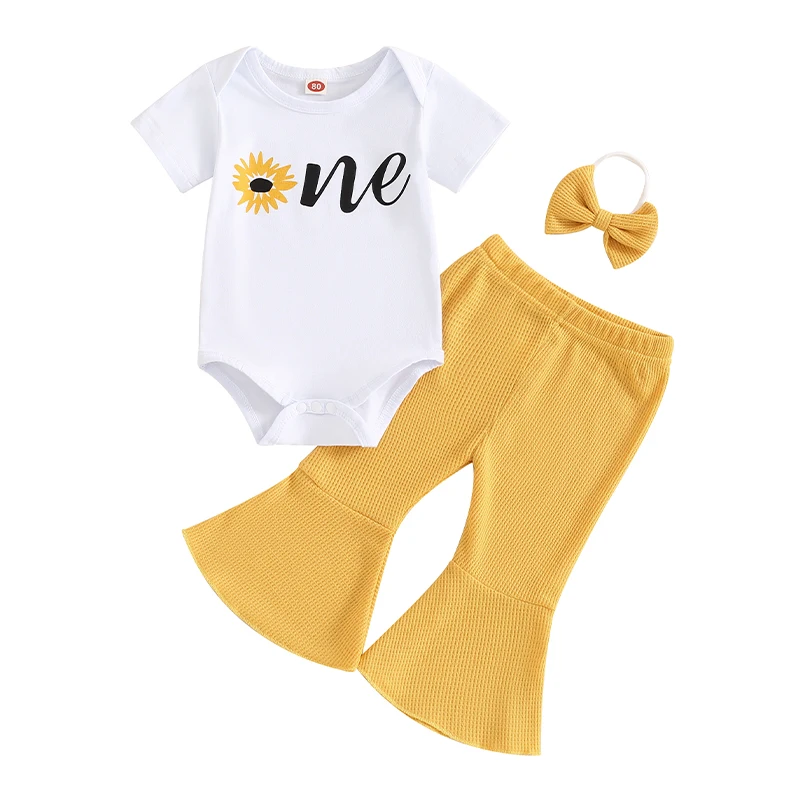 

Baby Girl First Birthday Outfit First Trip Around the Sun Romper Bell Bottom Pants with Headband 3Pcs Set