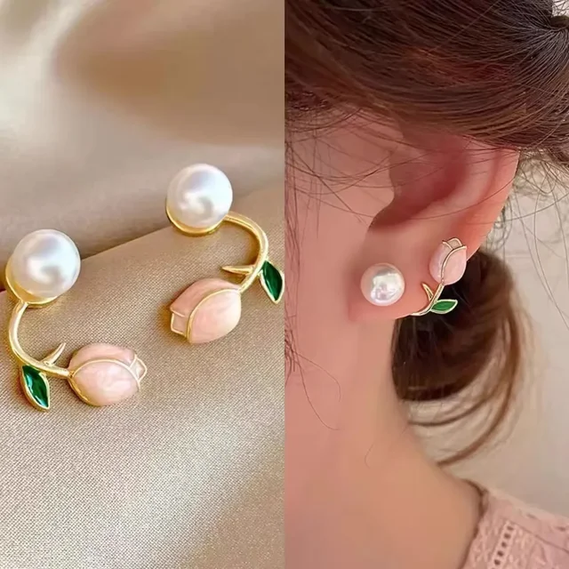 Boucles d'oreilles en émail perle tulipe fleur pour femme, bijoux de mariage, doux, tempérament coréen, face arrière, mode 1