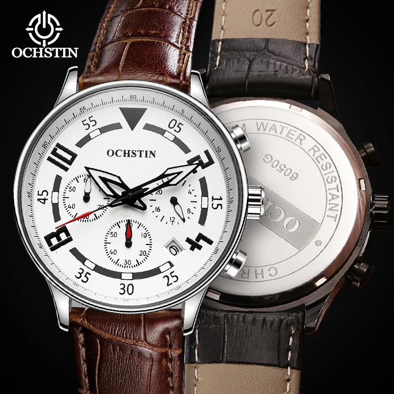 

OCHSTIN Man Wristwatch Waterproof Military Fashion Auto Date Chronograph Business Sport Leather Male Clock Quartz Watch Gift Men