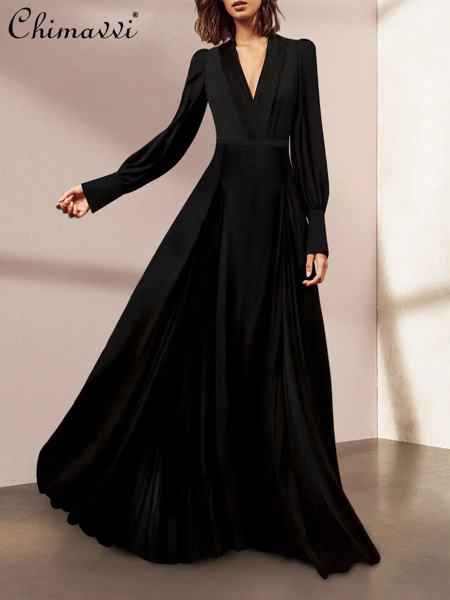 

High-Grade Black Dress for Women 2023 Autumn Dresses New Elegant V-neck Dress Fashion Long Sleeve Pleated Ankle-length Dress