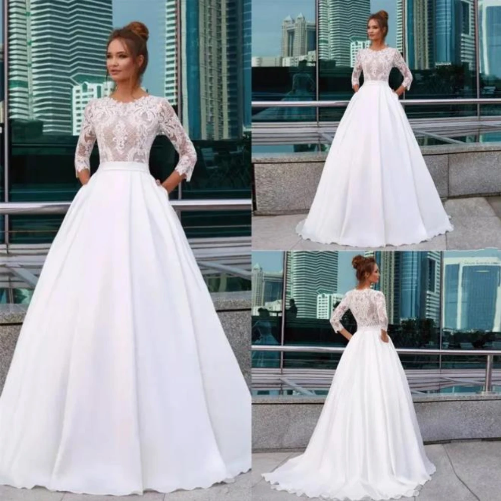 

Elegant White Princess Wedding Dresses O-Neck 3/4 Long Sleeve Lace Appliques Country Bridal Gowns Pocket Satin Vestidos De Novia