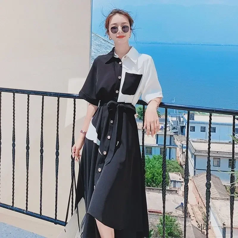 

Young Style Asymmetrical Turn-down Collar Short Sleeve Shirt Dress Empire Belt Pocket Black Solid Color Women's Clothing P10