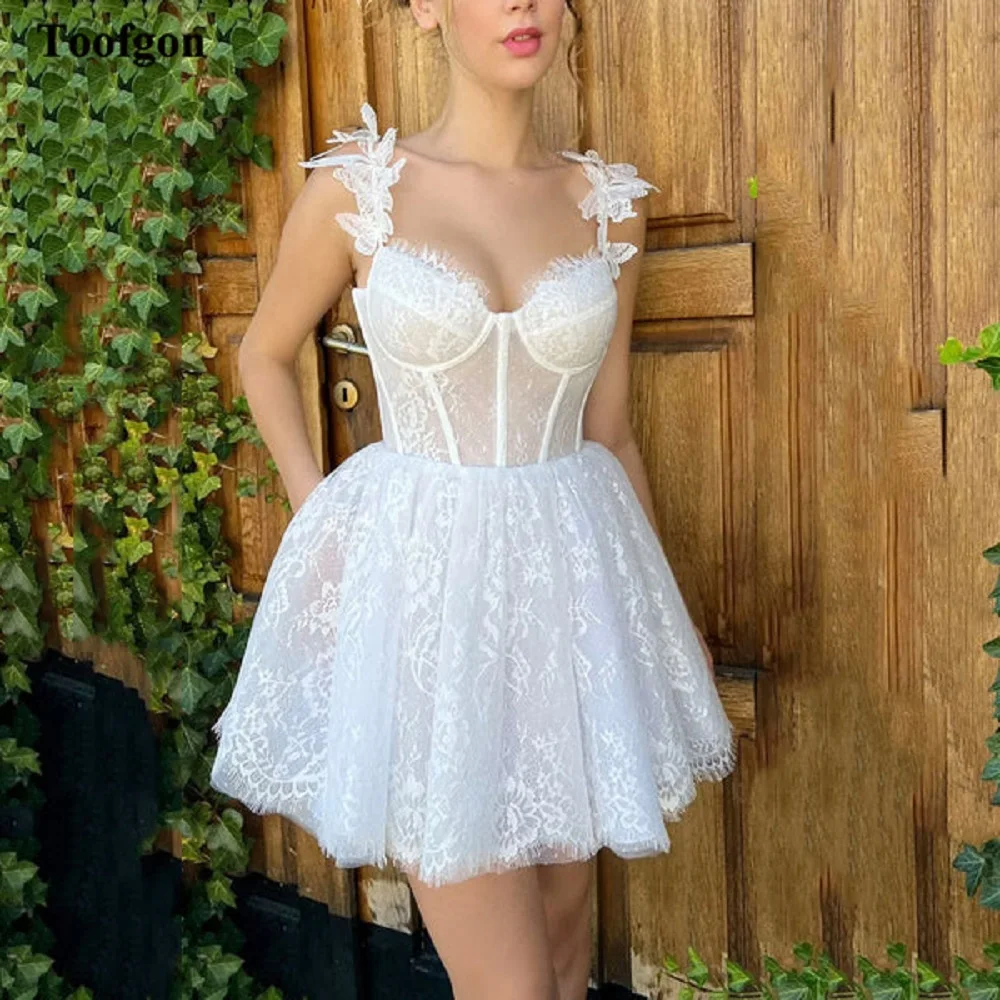 

Toofgon Fairy Above Knee Mini Lace Prom Dresses A Line Corset Cocktail Formal Homecoming Party Dress Women Bridesmaid Gowns