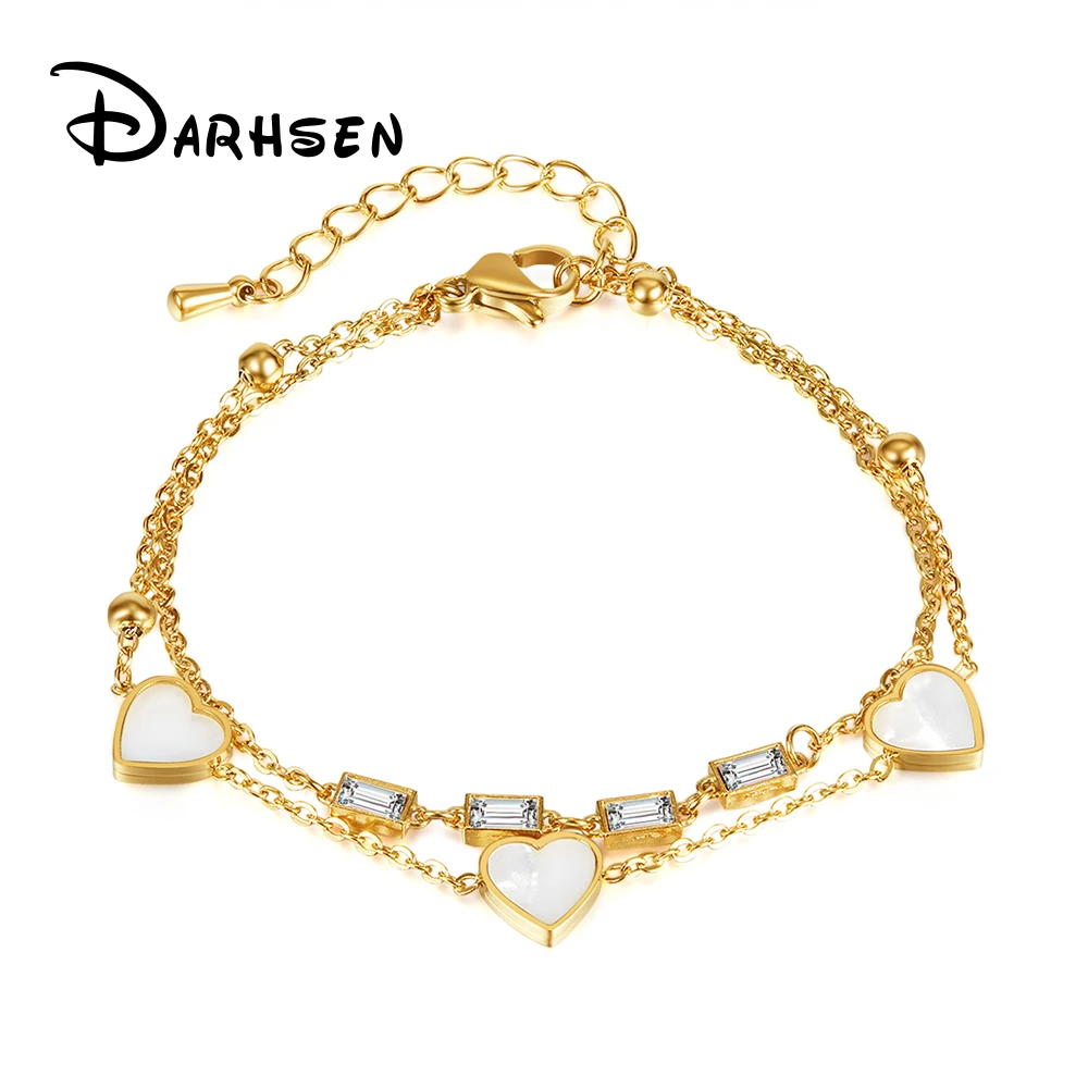 

DARHSEN Women Double Layered Statement Bracelets with Heart Charm Bangles Ins Style Gold Color Stainless Steel Fashion Jewelry