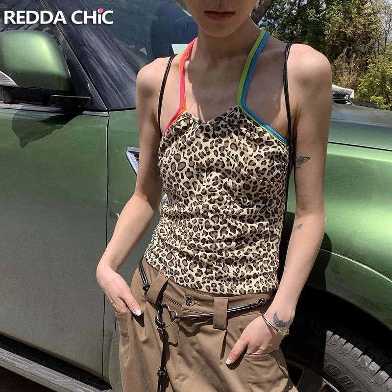

ReddaChic Rainbow Straps Leopard Crop Top Women Hotties Summer Open Back Camisole Halter Sleeveless Vest Grunge Y2k Streetwear