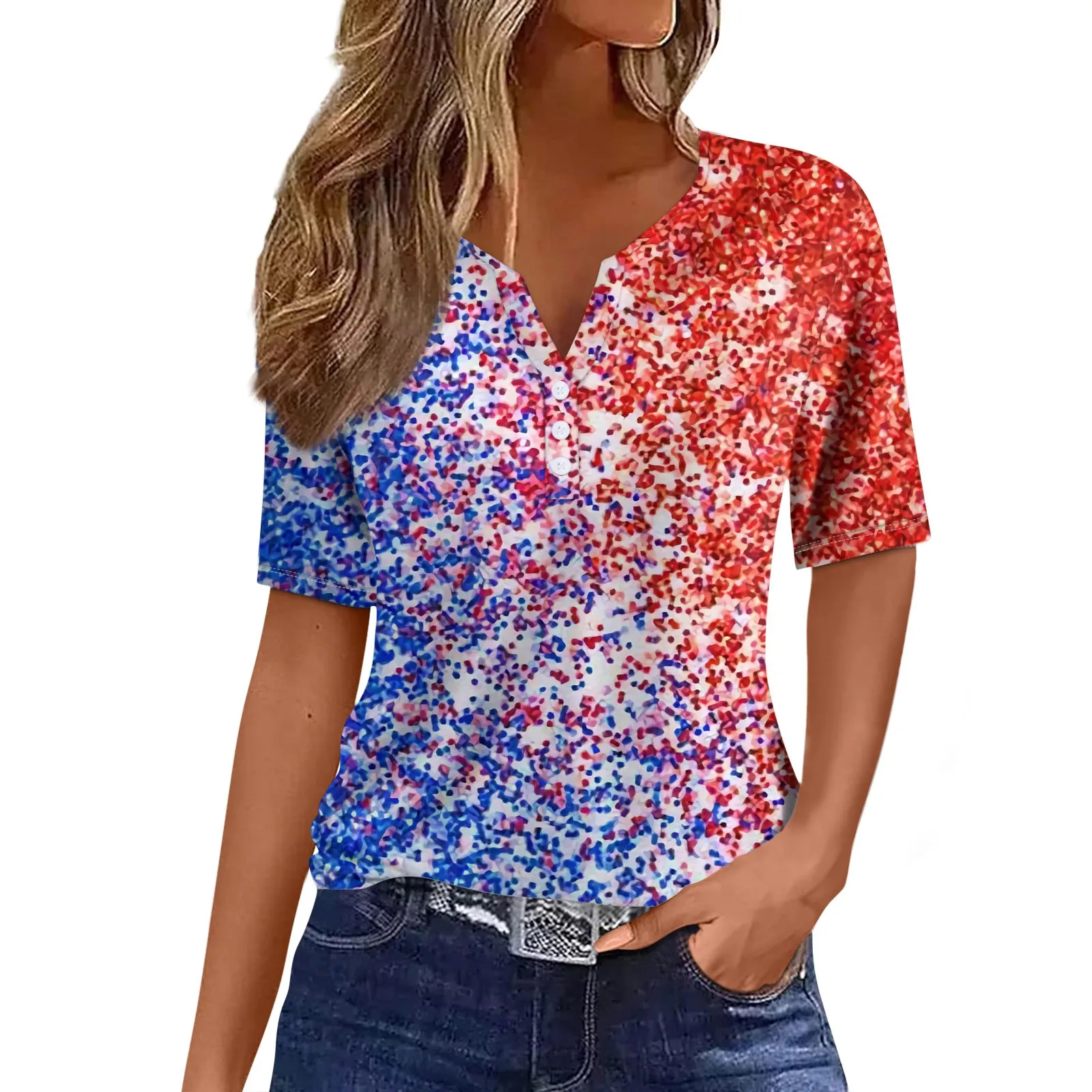 

Women Casual Independence Day Print V-Neck Short Sleeve Decoration Button T-Shirt Top топ женский Crop Top Mujer Top For Women