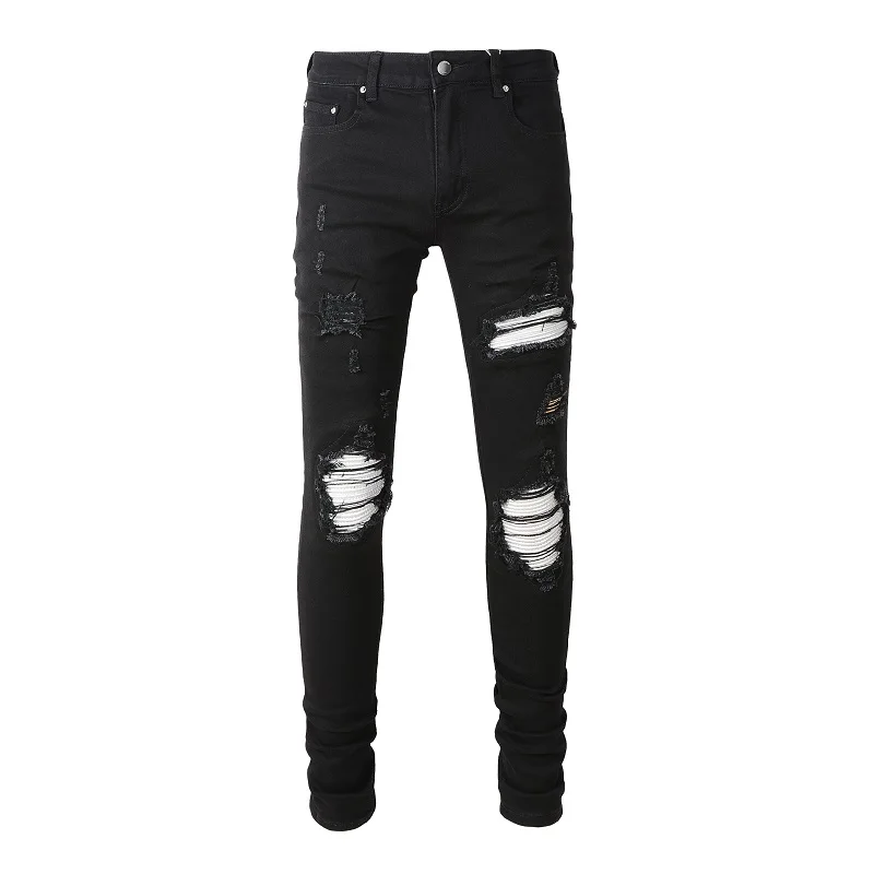 

Men's Distressed High Streetwear Stretch Skinny White Ribs Patches Holes Repaired Black Ripped Jeans Men