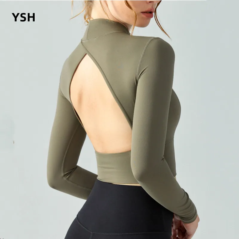 

Сексуальный облегающий спортивный топ YUSHUHUA с открытой спиной, рубашки для йоги с воротником-стойкой, женский укороченный Топ с длинным рукавом для фитнеса, одежда для бега с подкладкой