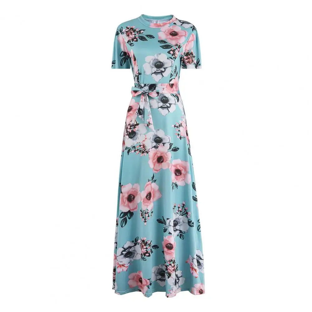 

Short-sleeve Wide Hem Dress Floral Print Maxi Dress with Mock Collar Belted Waist Women's A-line Swing Dress for Summer Spring
