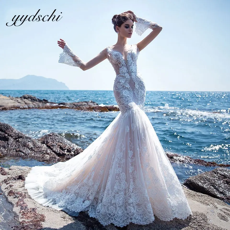 

Mermaid Wedding Dresses For Women 2022 Luxury V-Neck Beading Tulle Lace Bridal Gown Vintage Elegant Applique Vestido De Noiva