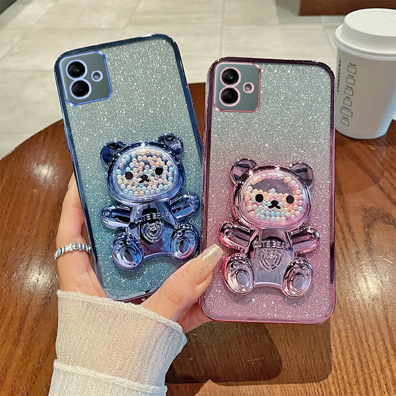 

For GalaxyA04e Luxury Gradient Glitter Plating Bear Holder Phone Case For Samsung Galaxy A04e A04 Silicone Back Cover Galaxy 04e