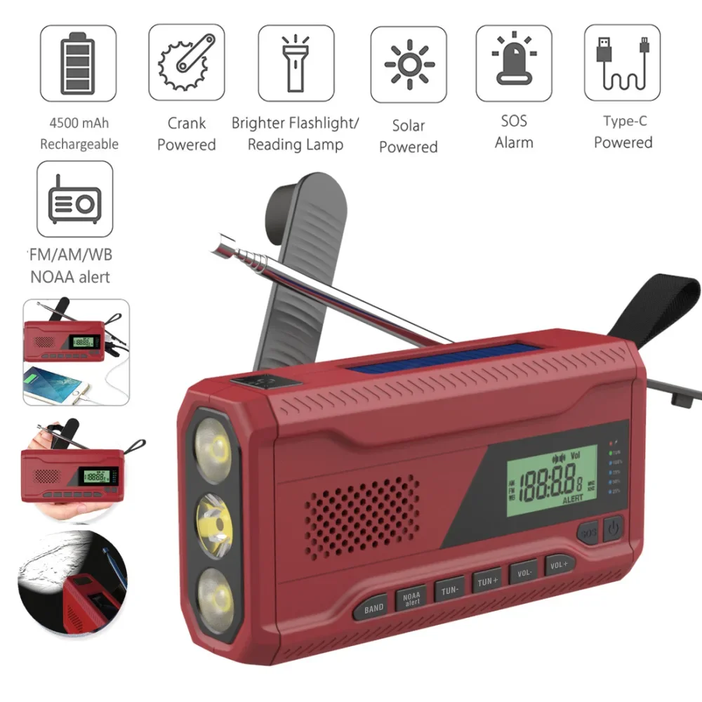 

Portable FM Radio AM FM NOAA Emergency Radio Receiver Solar Powered Hand Crank Dynamo Radio 4500mAh Power Bank with Flashlight