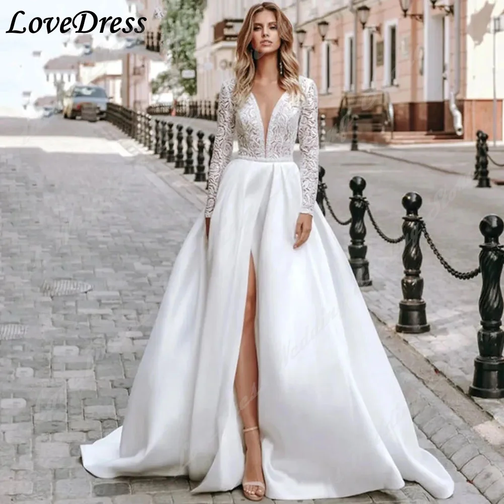LoveDress Simple V Neck A Line Wedding Dresses Long Sleeves Tulle Bridal Dresses High Split Lace Backless Vestidos De Novia
LoveDress Simple V Neck A Line Wedding Dresses Long Sleeves Tulle Bridal Dresses High Split Lace Backless Vestidos De Novia