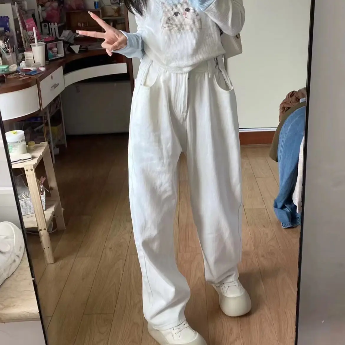 

Autumn High Waist Loose Straight Wide Legs Woman Long Pants Button Fly Ankle-length Female Students Denim Trousers White Jeans