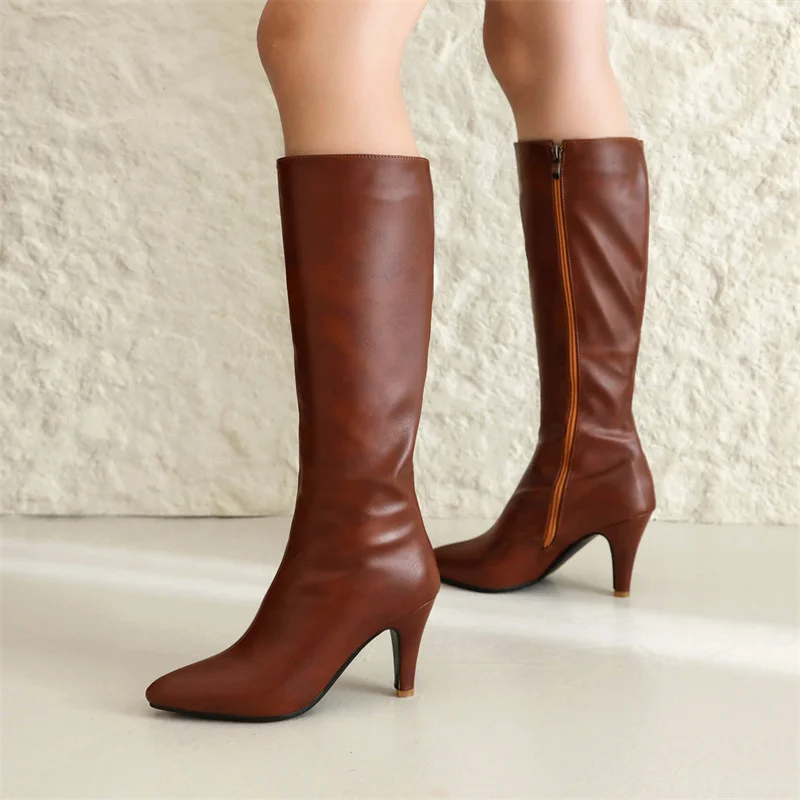 

2023 Winter Sexy Stiletto High Heel Mid-calf Long Boots Ladies Pointed Toe Botas Party New Shoes for Women Brown Red Khaki Black