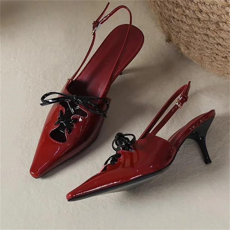 

Butterfly-knot Shoes for Womens Pointed Toes Tacones Belts Female Sandals Patent Leather High Heels Back Strap Chassure Femme