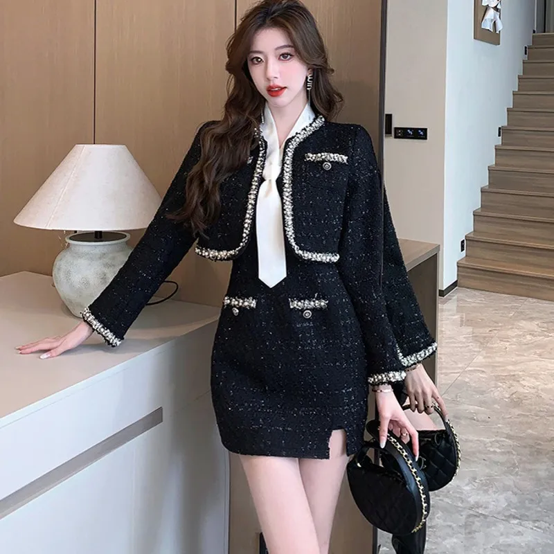 Elegant Vintage Small Fragrance Black Crop Coat Jackets Top + Woolen Mini Suspended Dress Suit For Women Outfit Two Peices Set
Elegant Vintage Small Fragrance Black Crop Coat Jackets Top + Woolen Mini Suspended Dress Suit For Women Outfit Two Peices Set