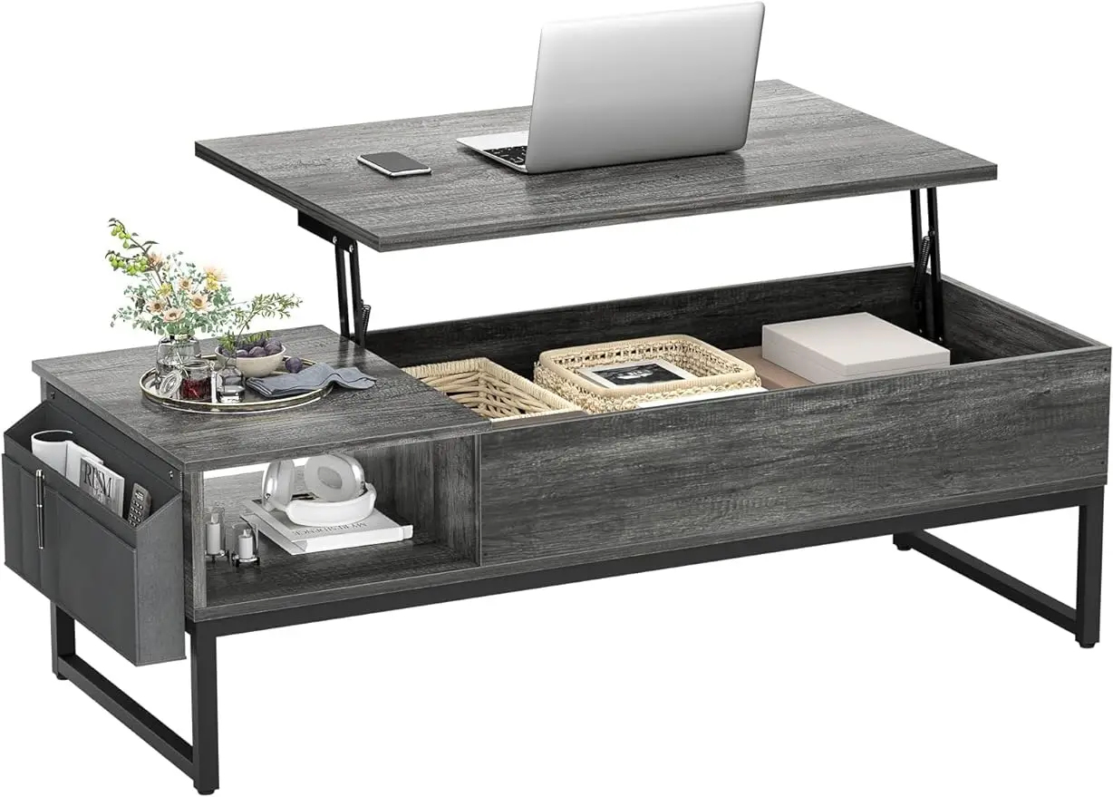 

Aheaplus Lift Top Coffee Table with Storage, Wood Lifting Top Central Table Metal Frame, 43.3" Table with Side Pouch for Cocktai