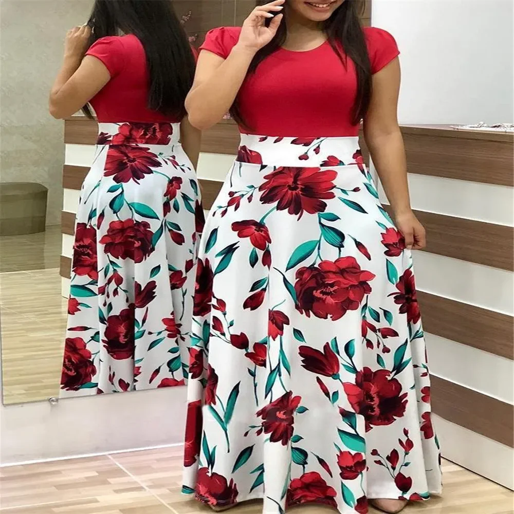 

2023 Spring/Summer New Women's Fashion Casual Large Swing Dress Flower Print Colored Collar Short Sleeve Large Size Dress
