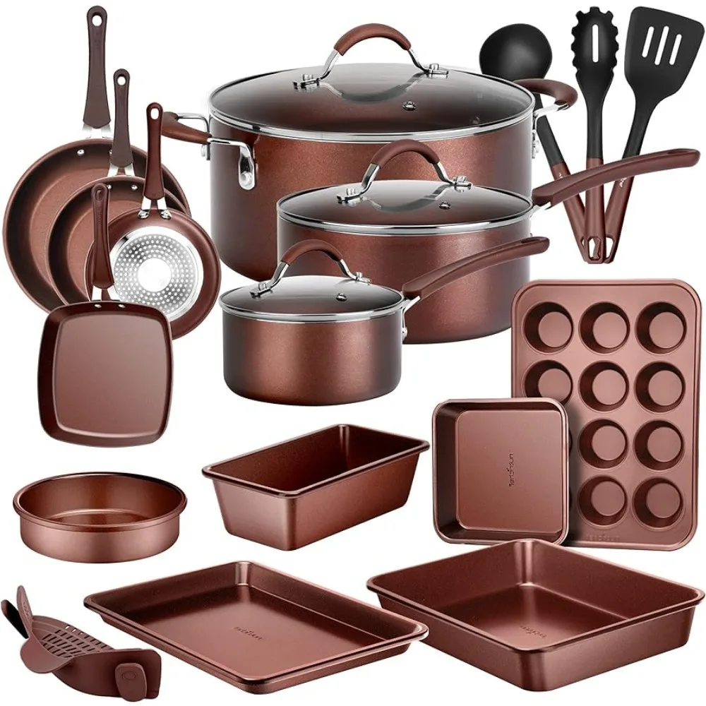 

20-Pc. Nonstick Kitchen PTFE/PFOA/PFOS-Free Heat Resistant Silicone Handles Cookware Bakeware Set w/Saucepan, Frying Pans