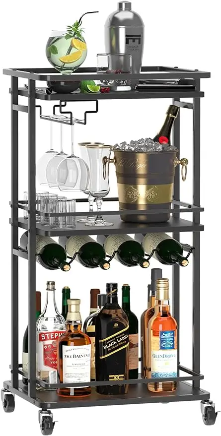 

OKZEST 3 Tier Bar Cart for Home Rolling Mini Liquor Bar Cabinet with Wine Rack and Glass Holder Home Bar Serving Cart on Wheels