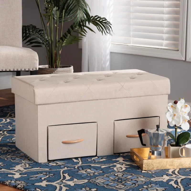 

Modern and Contemporary Beige Fabric Upholstered and Oak Brown Finished Wood 2-Drawer Storage Ottoman