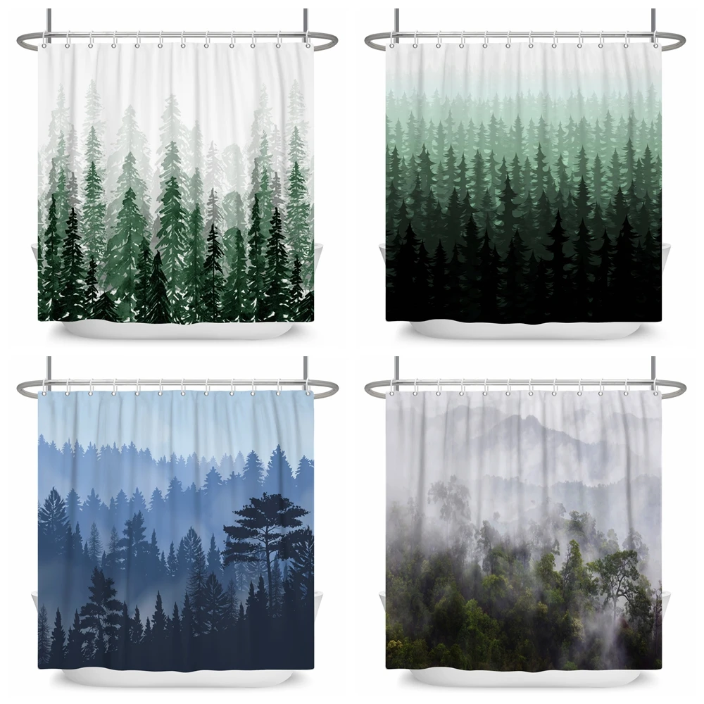 

Rustic Misty Forest Shower Curtain Watercolor Nature Green Pine Trees Fantasy Woodland Cabin Shower Curtains for Bathroom Decor