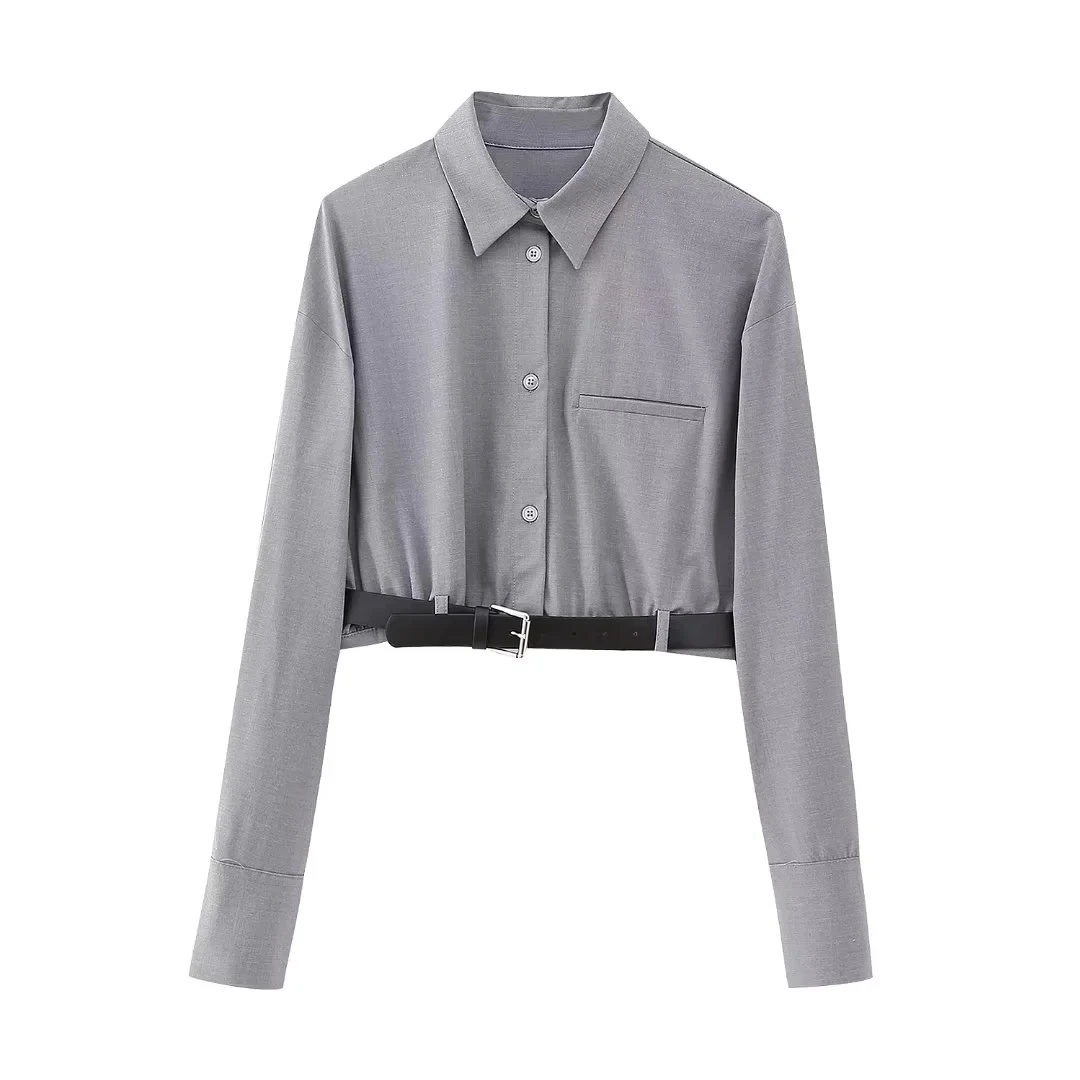 

TRAF Women Belted Crop Shirt 2023 Autumn Pleated Design Lapel Collar Short Top Female Fitted Long Sleeves False Pocket Shirt