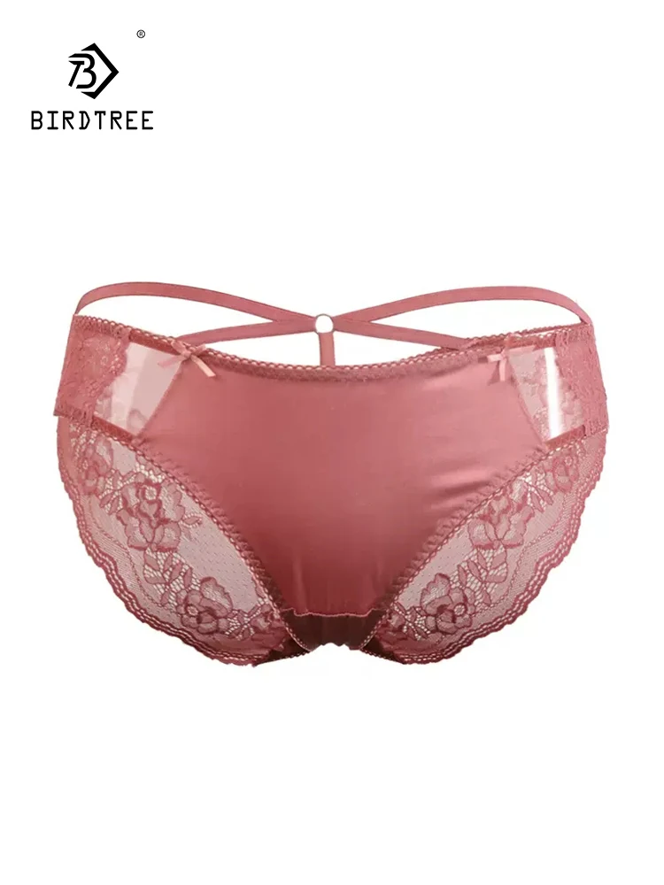 

BirdTree, Lining 100%Real Silk Sexy Brief, Women Low-Waisted Hollow Out, Lace French Breathable Underwear, 2024 Summer P42021QC