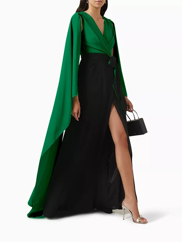 

Krismile Womens Batwing Sleeves Wrap Bandage Maxi Dresses Elegant Contrast Color Split-front Zipper V-neck Evening Dress