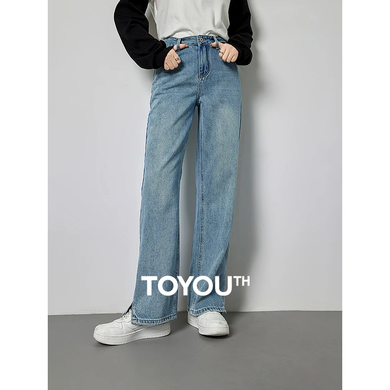 

TOYOUTH Denim Trousers 2024 Spring New Stone-Washed Vintage 90S Baggy Female High Waist Slit Hem Wide Leg Streetwear Long Pants