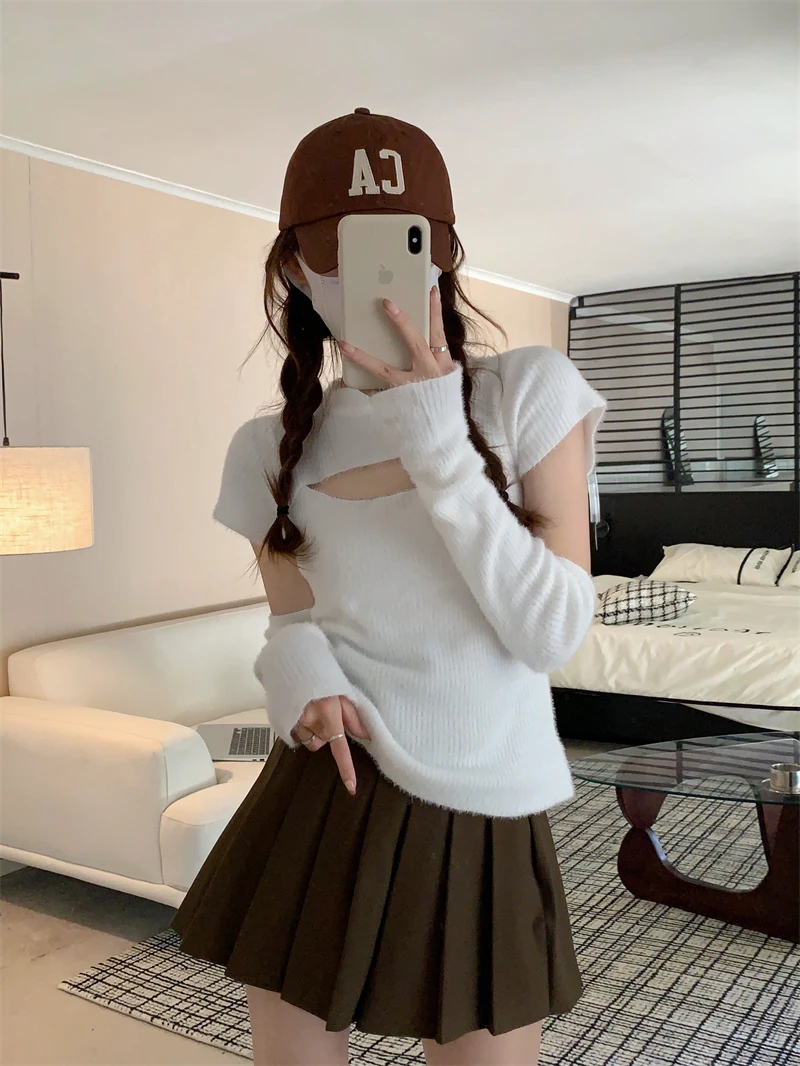 

Real Photos Women Knitted Half High Collar Hollow Out Full Sleeve Basic Sweaters Sheath Top High Stretch Knit T Shirt Autumn