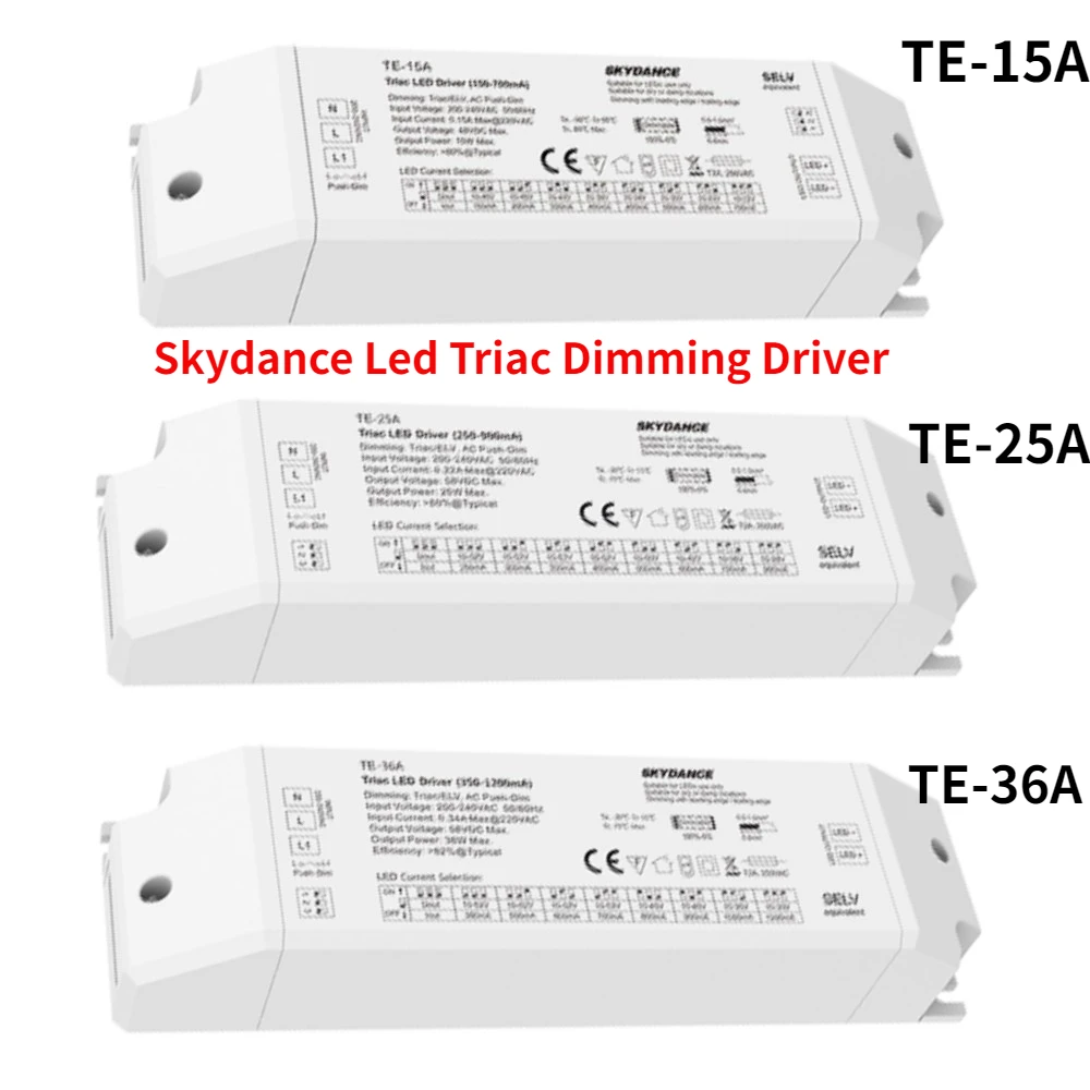 

Skydance Led Triac Dimming Driver TE-15A/25A/36A 200-240V Input,Output 15-36W 150-1200mA Constant Current Triac Dimmable Driver