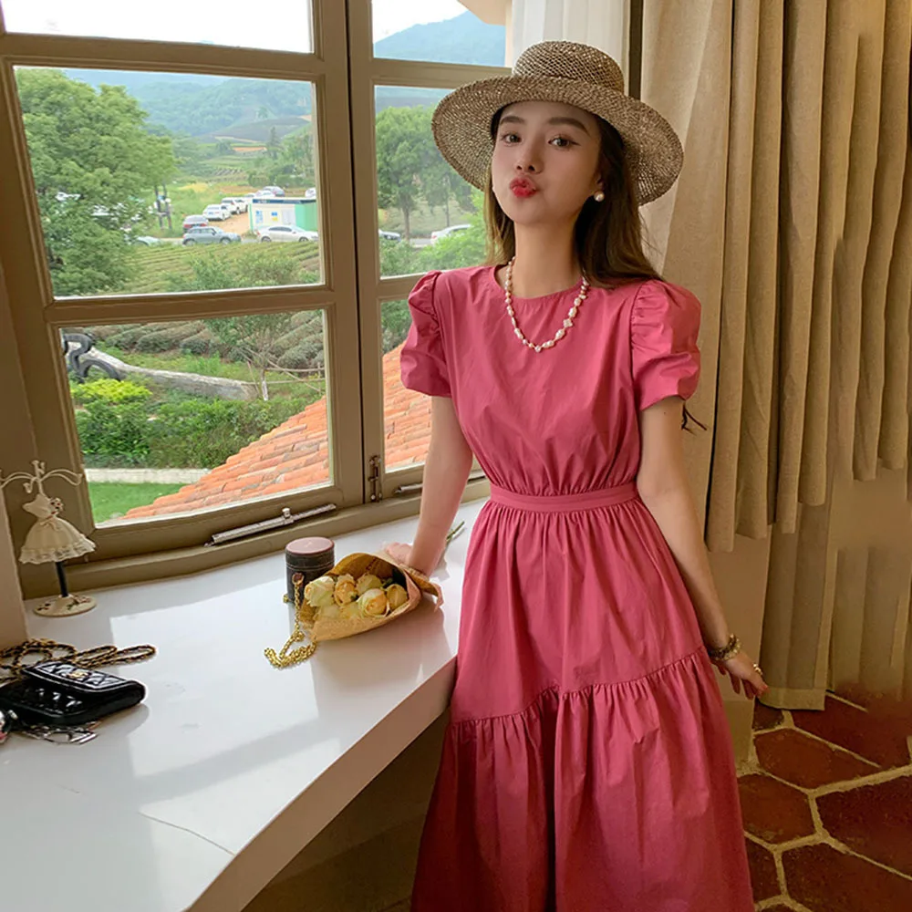 

French Summer Dress Women's 2024 New Elegant Retro Bubble Sleeves Rose Pink Maxi Dress Ladies Casual Vacation Beach Long Dresses
