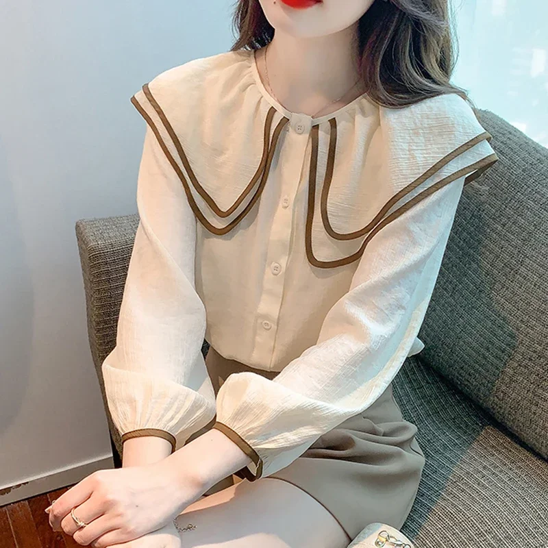 

New Long Sleeve Tops Woman Chiffon Wome's Shirts Fashion Peter Pan Collar Women's Blouse Buttons Elegant Female Clothing 24569