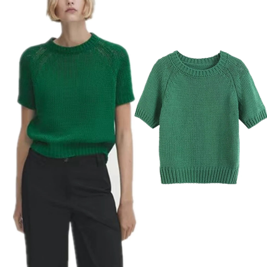 

Withered British Fashion Dark Green Sweater Round Neck Casual Short Sleeve Knitwear Women Tops