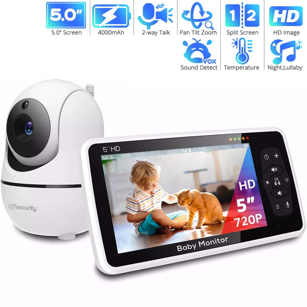 

5''Video Baby Monitor with Camera Pan-Tilt-4X Zoom 2-way Audio Night Vision Temperature Alarm Babysitter 22H Battery Babyphone