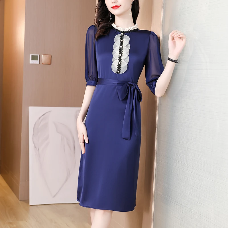 

2024 Blue Acetate Patchwork Ruffled Collar Midi Dress Women Elegant Bodycon Office Lady Dress Summer Korean Vintage Casaul Dress