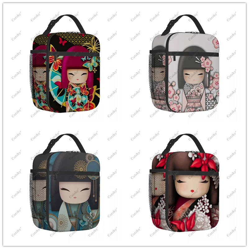 

Japanese Red Sakura Kokeshi Doll Aluminum foil thickened thermal insulation waterproof thermal insulation travel lunch tote bag