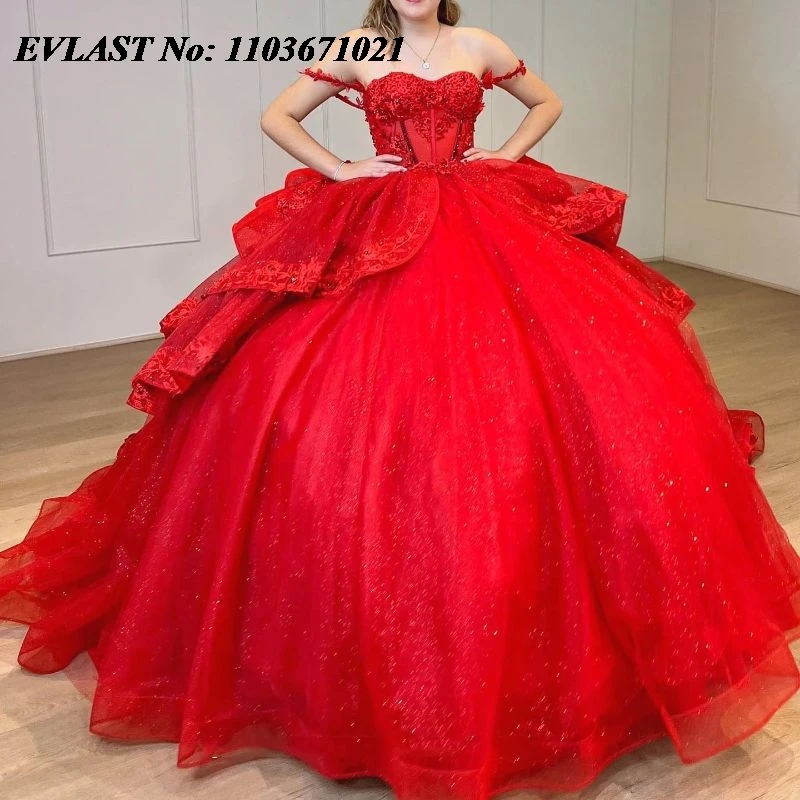 

EVLAST Glitter Red Quinceanera Dress Ball Gown Lace Applique Beaded Crystals Tiered Mexico Sweet 16 Vestidos De XV 15 Anos SQ103