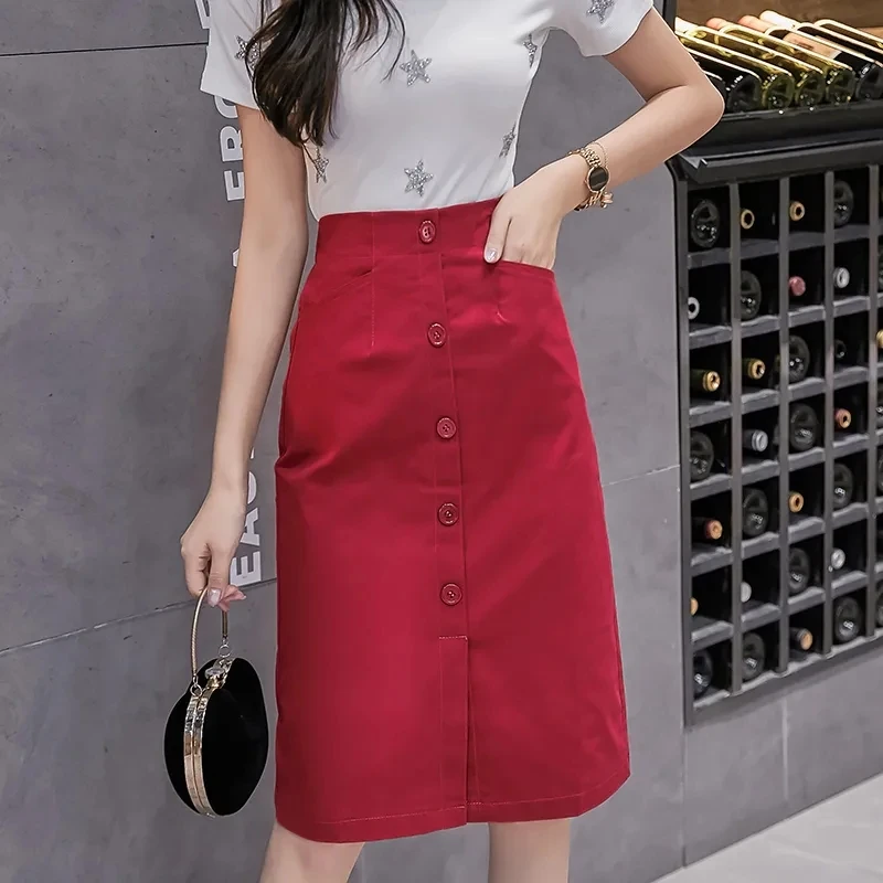 

Fashion Women's Highwaist Solid Skirts Summer Casual Elastic Waist Split Elegant A-Line Skirt Button Pockets Hip One-Step Skirt